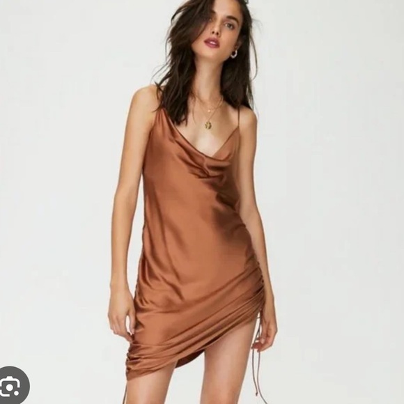 Aritzia Dresses & Skirts - Aritzia Wilfred Only Ruched Slip Dress rust color mini dress cowl neck small